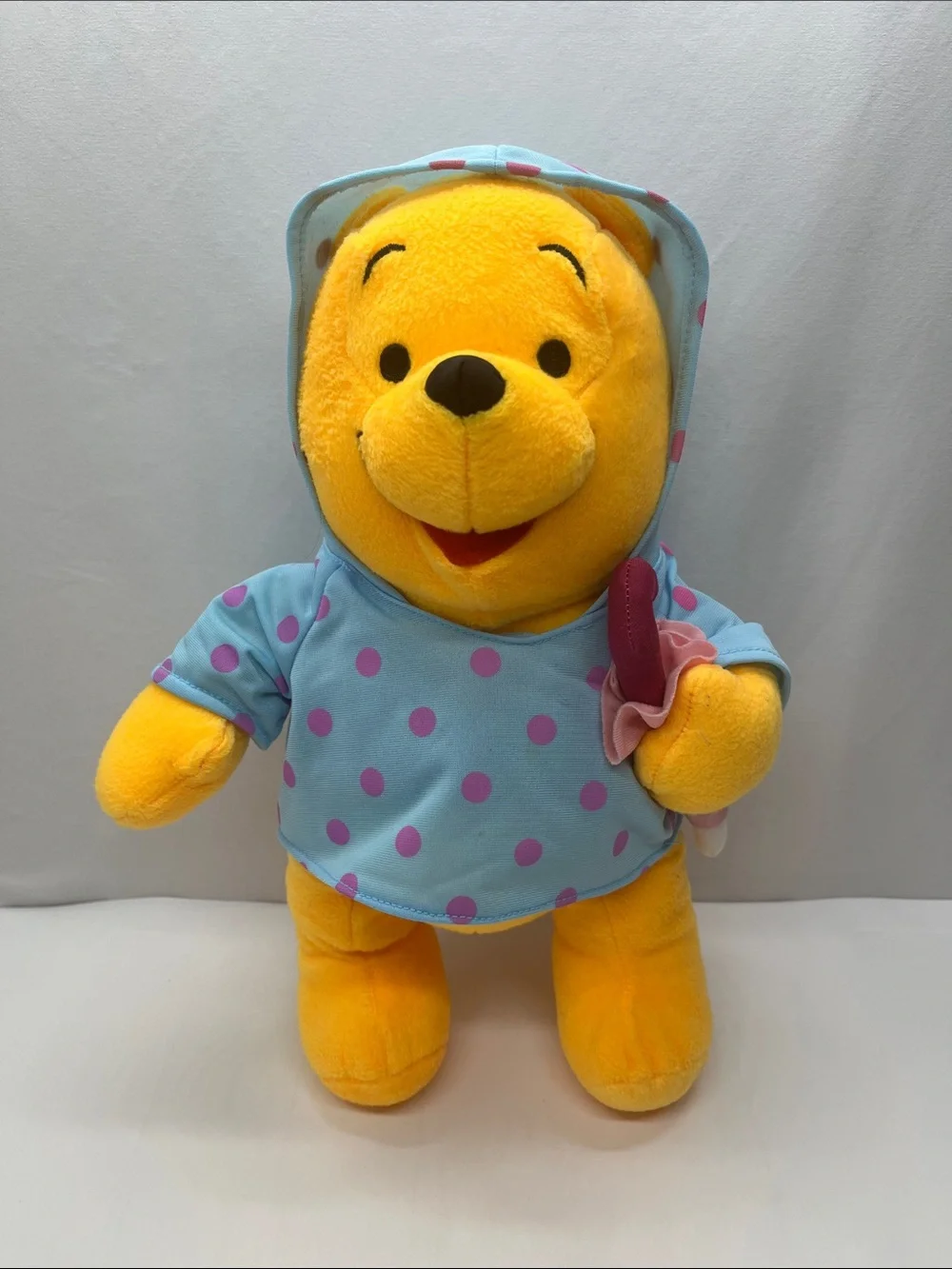 Disney Winnie The Pooh Plush With Blue Polka Dot Raincoat and Umbrella-